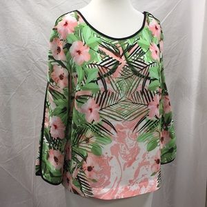 Rose & Olive Floral Blouse w/ Black Ribbing